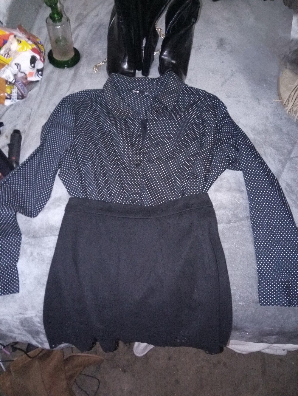 Women’s Black Polka Dot Blouse & Skirt Set And Black Stilleto Knee-high Boots.